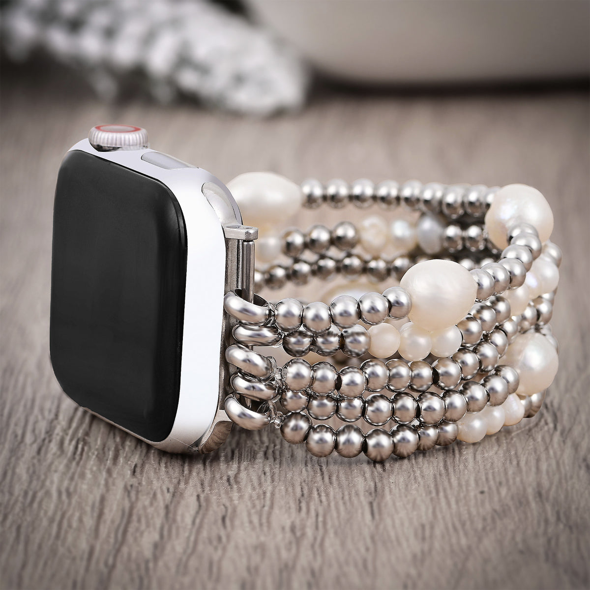 Pearl and Silver Stretch Apple Watch Strap