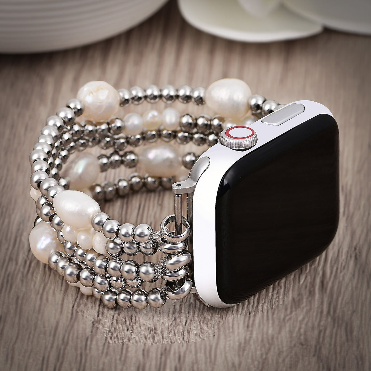 Pearl and Silver Stretch Apple Watch Strap