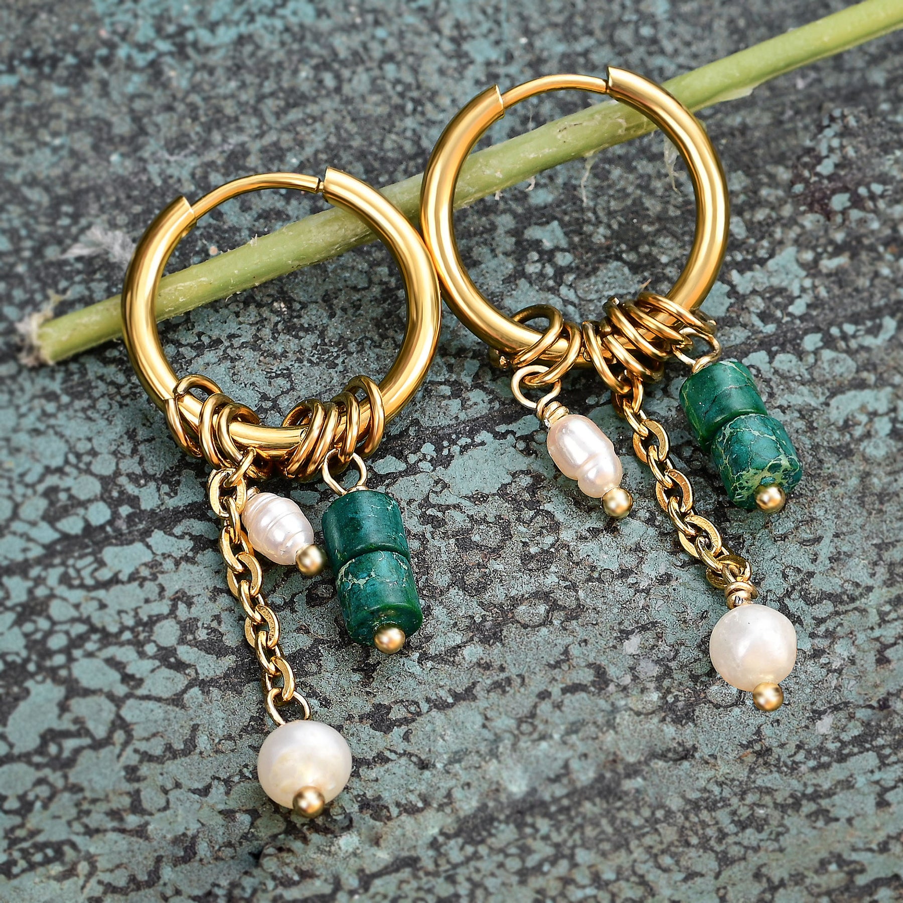 Golden Green Bloom Drop Hoop Earrings