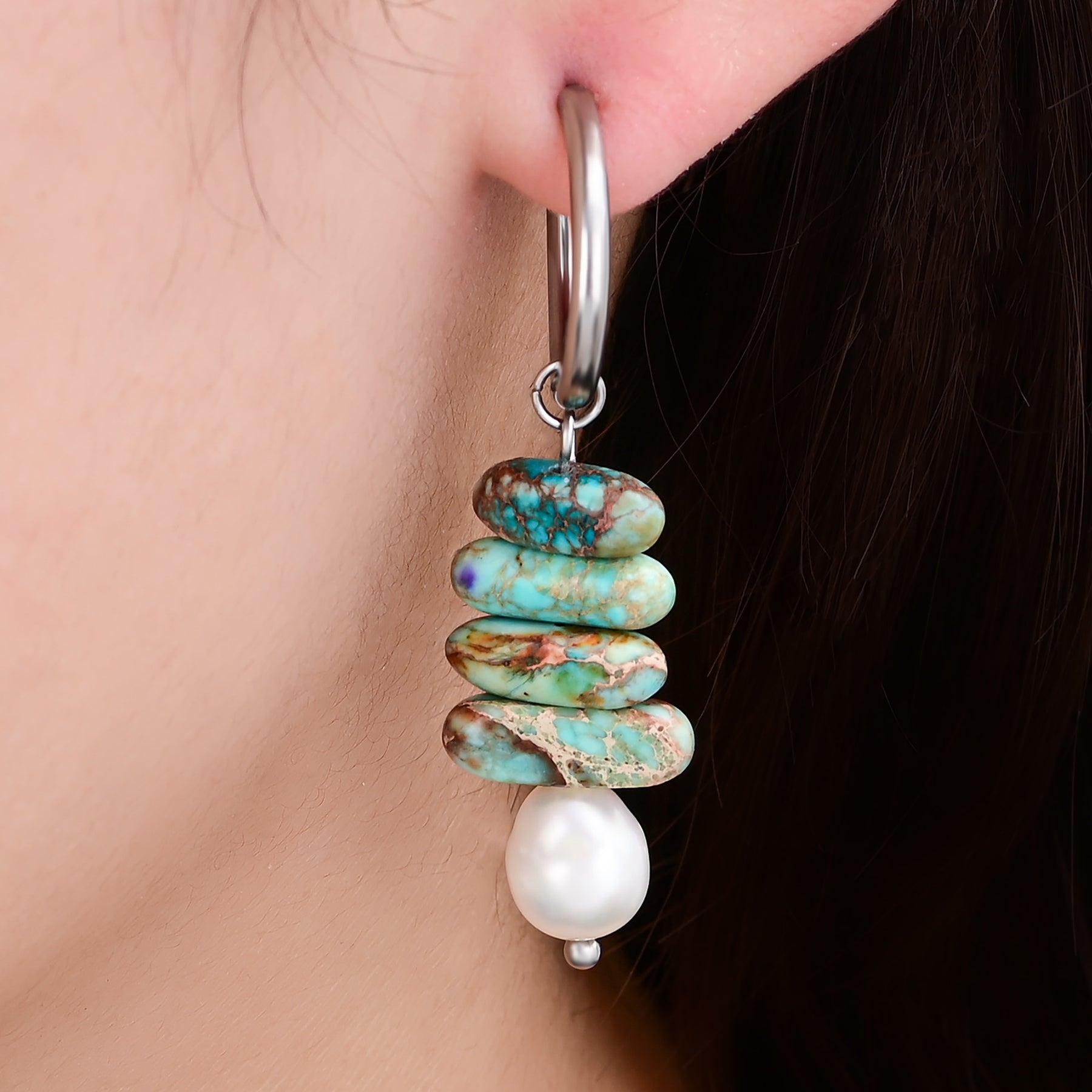 Ocean Bliss Pearl & Turquoise Jasper Hoop Drops