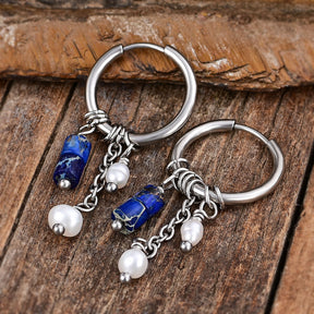 Silver Lapis Drop Hoop Earrings