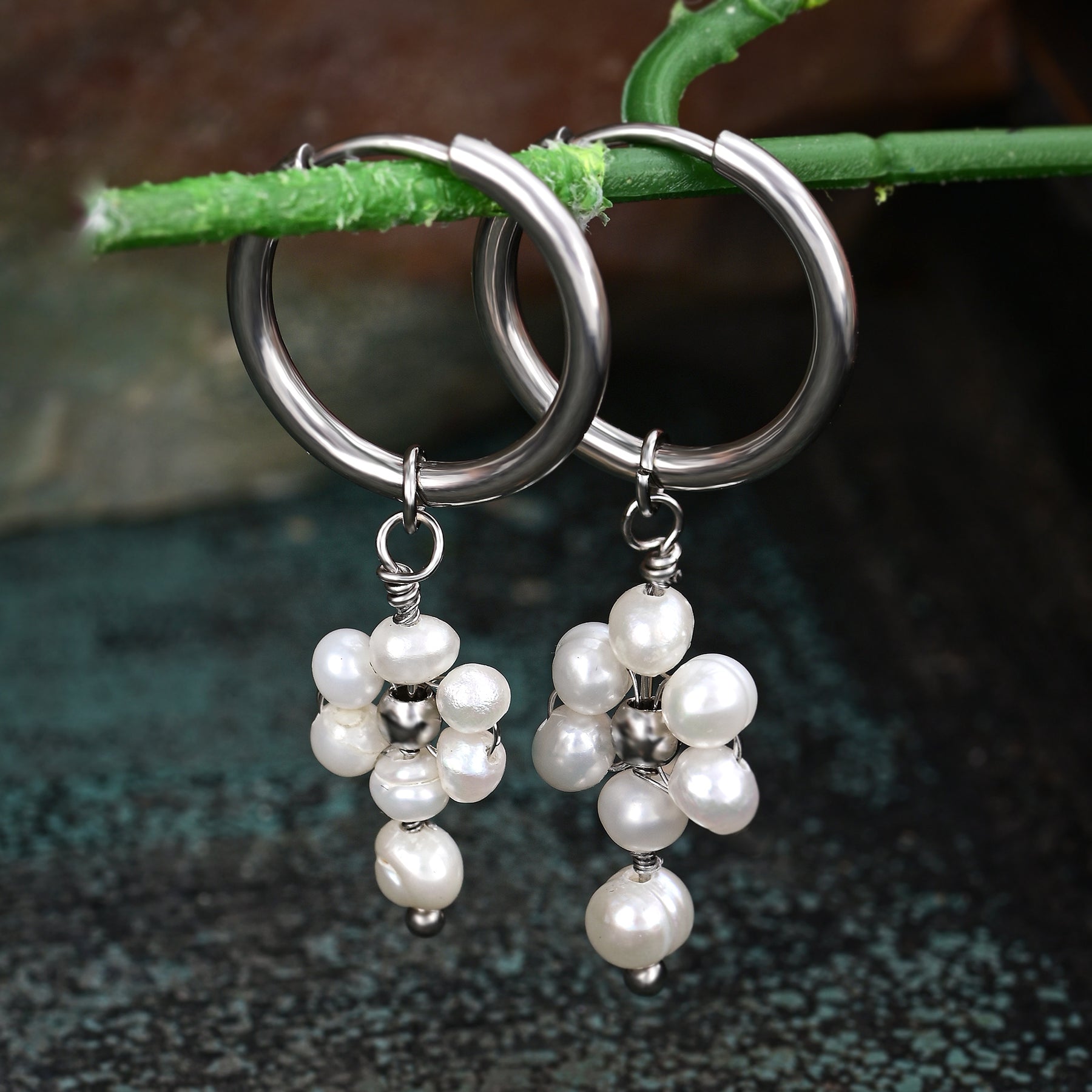 Silver Pearl Blossom Hoop Earrings