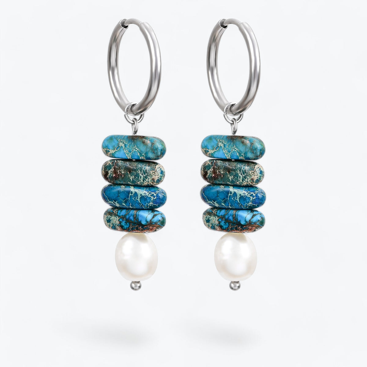 Pendientes colgantes de aro con perla y jaspe azul Ocean Bliss