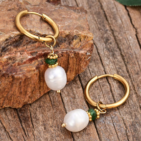 Golden Grace Pearl & Green Agate Hoop Earrings