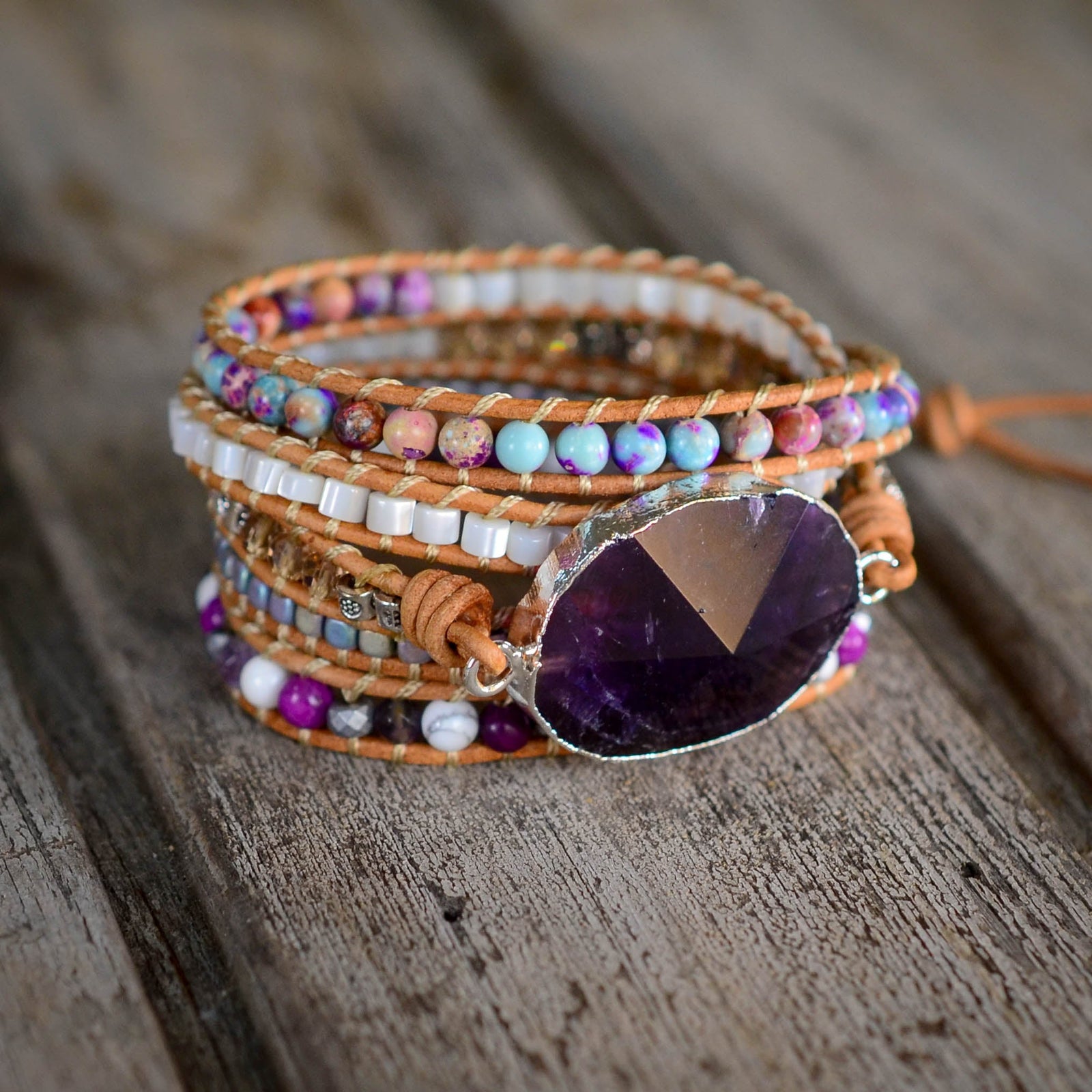 Amethyst Silver Protection Wrap Bracelet